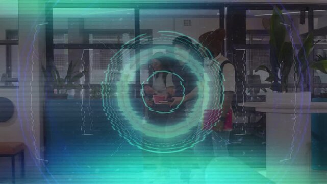 Students walking commons, peer coming with phone, stopping and viewing while teal HUD pulsing