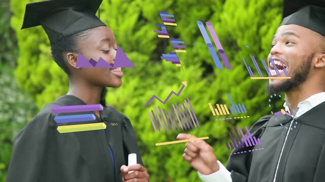 Woman entering sparking graduation with man tapping cap, fistbumping amid animated purple graphics