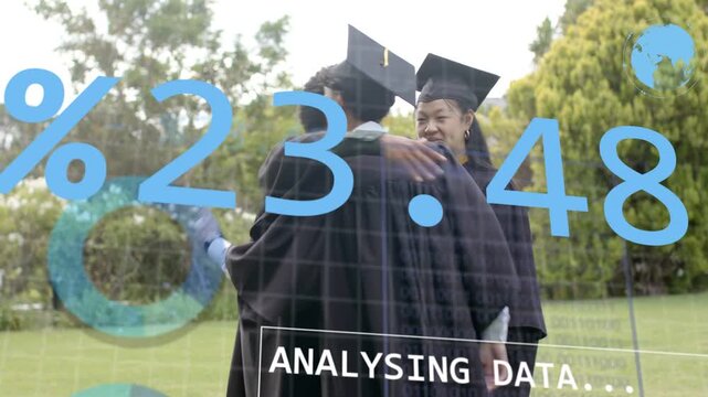 Data overlay appearing grads celebrating, turning, shaking hands while charts animating over scene