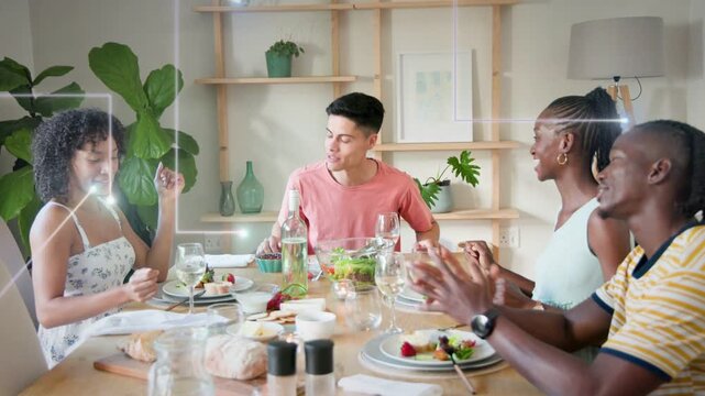 Center man starting talk, gesturing at table, tags appearing over salad and wine for food promo