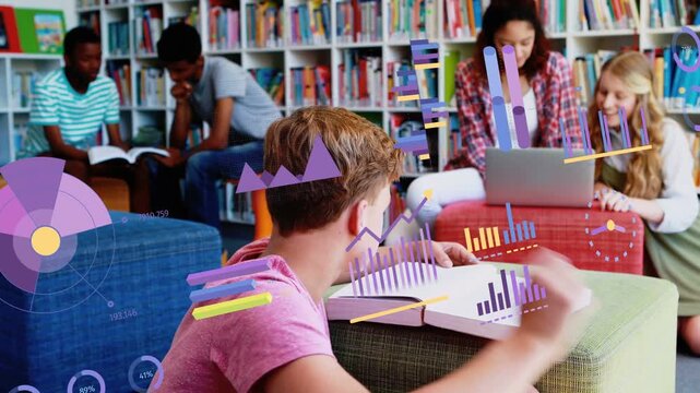 Boy flipping book pages, causing school data charts and meters swirling over book while studying