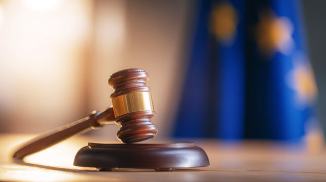 Wooden gavel on desk with European Union flag representing European law, justice, decision, and policy