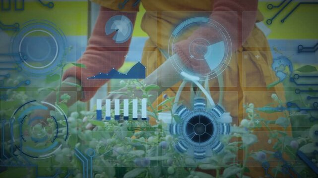 Two workers responding to HUD ripeness cue, reaching into foliage, plucking ripe berries to basket