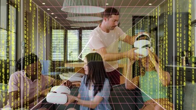 Friends picking up, donning VR headsets on sofa testing, animated grid and binary overlaying group