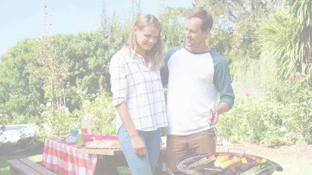 Couple standing in garden, man tending grill with tongs preparing meal while color bands overlaying