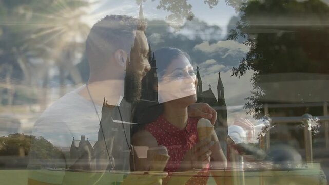 Man placing arm around woman, couple savoring ice creams in park with travel-themed double-exposure