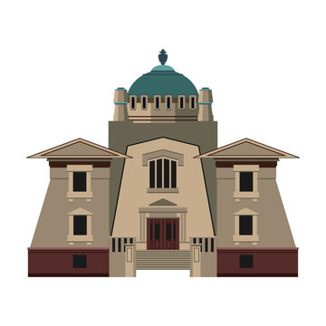 Vector illustration of a crematorium building in neoclassical style, with symmetrical facade, dome roof and solemn architectural atmosphere