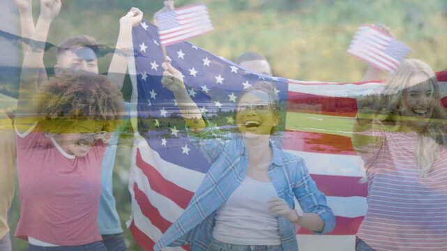 Six adults waving flags in park denim-jacket woman stepping forward lake overlay aiding marketing