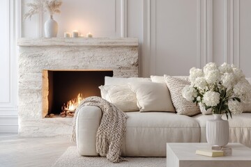 Fototapeta premium Minimalist white interior with plush sofa, soft textiles, and a classic fireplace