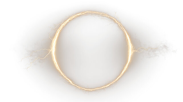 Golden circle with lightning effect on a transparent background showing an energetic design for use in various projects