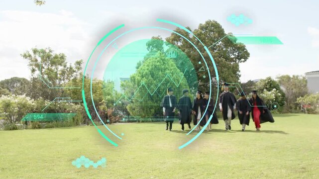 Graduates starting walking from right toward center, passing through teal HUD, adjusting caps