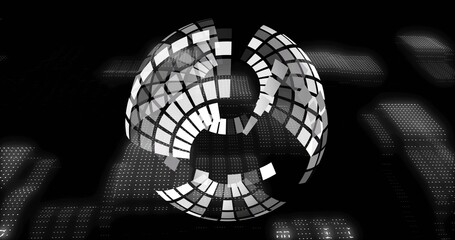 Fototapeta premium Rotating segmented globe floating in black virtual space, showing tiled bands and dotted grid