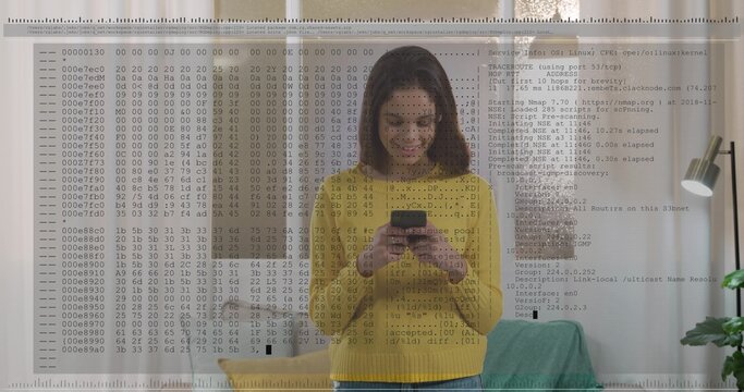 Smiling woman wearing yellow sweater and blue jeans holding phone in living room, terminal overlay