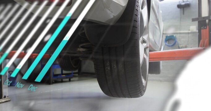 Showing car rear wheel with tire tread and alloy rim on hydraulic lift, months overlay