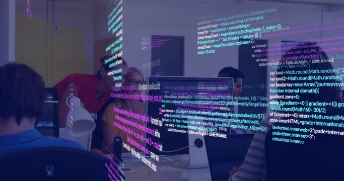 Collaborating dev team reviewing neon code on main iMac monitor at coworking space wearing hoodies