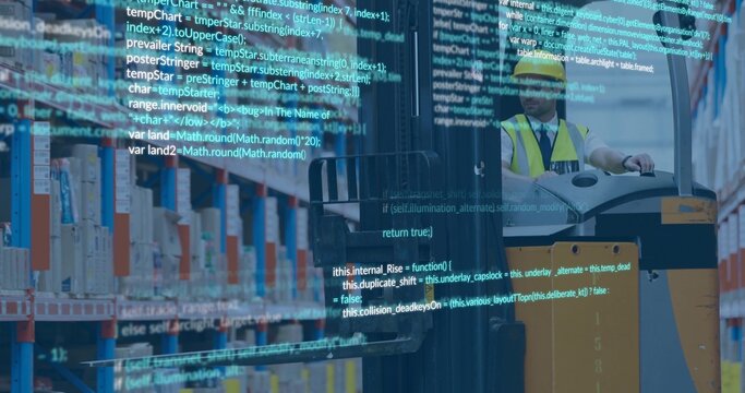 Driving man in hi-vis vest operating pallet jack in warehouse aisle racks code overlay, copy space