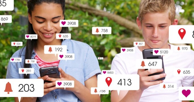 Sitting two teens using phones in park, showing notification bubbles and light-blue, white shirts