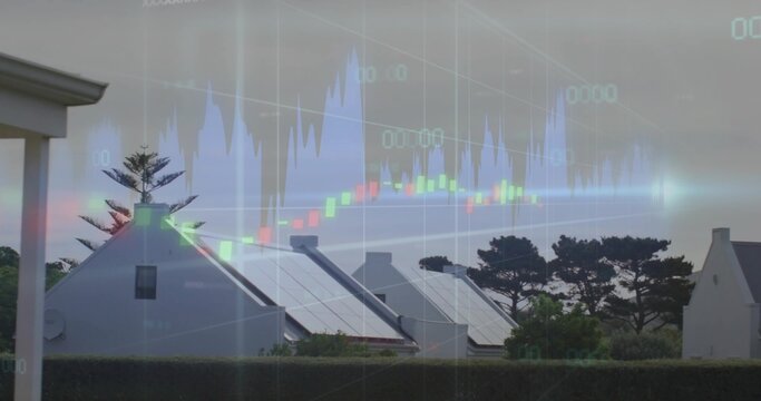 Showing row of white gabled houses featuring solar panels in suburb, with financial chart overlay
