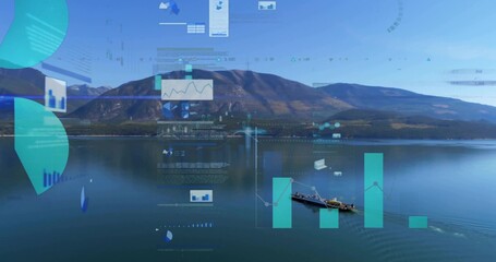 Obraz premium Displaying mountain lake panorama overlaying teal charts at shore, boat near pier reflections
