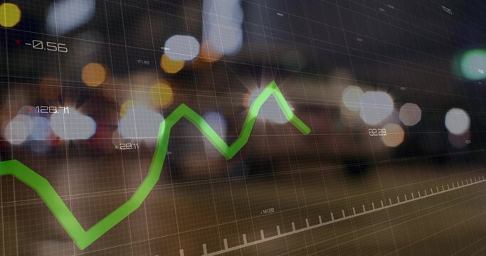 Displaying bright green line graph tracing movement over urban lights, with grid ticks, labels