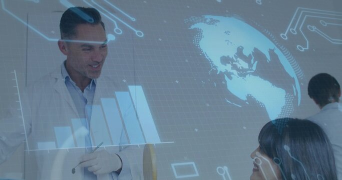 Showing scientist in lab coat at lab, pointing pen at glass pane, digital overlays, copy space