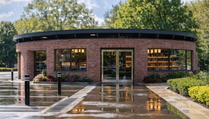 Obraz premium Daylight medium shot featuring a single freestanding restaurant structure the parking lot and drivethru lane sharply framed while the background trees and sky remain out of focus.