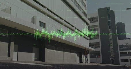 Standing Asian woman in dark jacket holding bike on road near concrete block, waveform, copy space © vectorfusionart