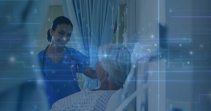 Smiling nurse in blue scrubs placing hand on senior patient in hospital bed, with stethoscope HUD
