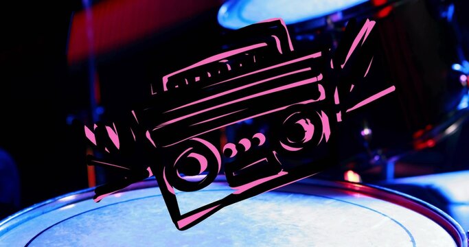 Displaying stylized pink boombox overlaying drum head on music stage, with cymbal and hardware