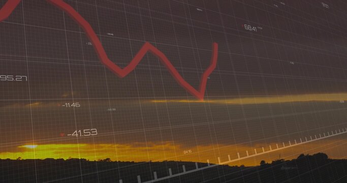 Showing central red zigzag chart tracing trend across golden horizon with faint grid labels, hills