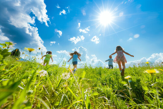 Happy children running through a green meadow filled with wildflowers under a bright blue sky and warm sunlight. Joyful summer scene representing freedom, childhood, and outdoor play.