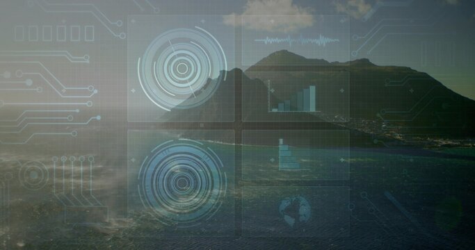 Displaying coastal ridge, dark ocean waves and shore lights at seaside overlaying HUD radar charts
