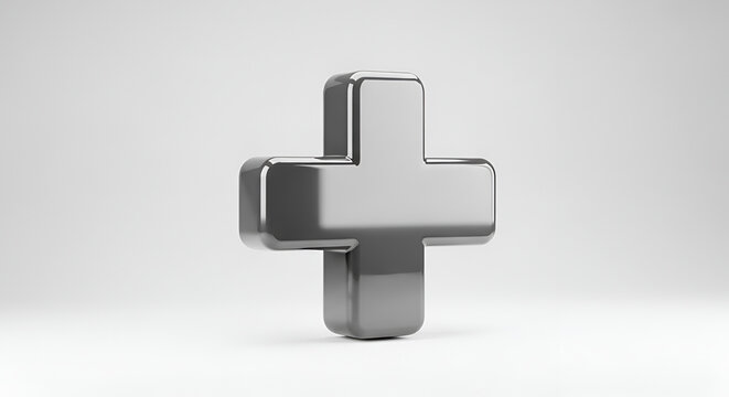 3D chrome plus symbol icon glossy metallic rendering with soft light reflection on white background