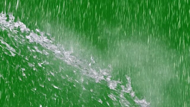 Water splashes onto green grass in a heavy video rain shower outdoors