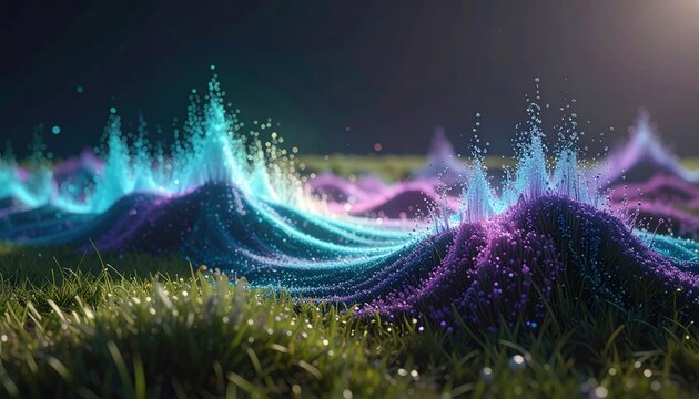 Ethereal landscape of quantum superposition with iridescent particles flowing like waves across a grassy field, creating a stunning visual representation of advanced theoretical physics.