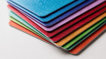 Fototapeta premium Top-down view of multicolored cards arranged on bright white