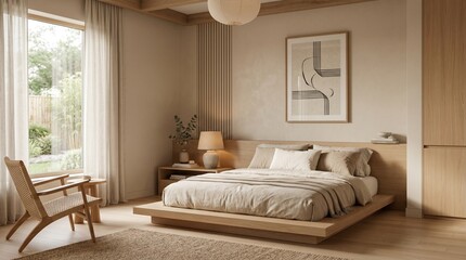 Fototapeta premium Minimalist Bedroom Interior with Natural Morning Light – Photorealistic Scandinavian Style Home, Cozy Neutral Linen Bedding and Wooden Platform Bed minimalist bedroom interior, bedroom natural light, 