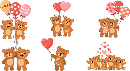 Obraz premium Adorable brown teddy bears with colorful balloons and heart shapes on white background for valentine s day or love themed designs