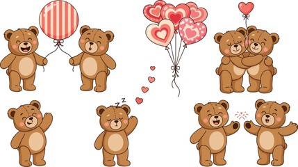 Fototapeta premium Adorable brown teddy bears with balloons in various poses on white background for kids and babies
