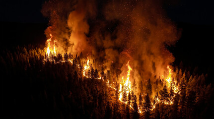 Naklejka premium Aerial view of a massive wildfire devouring a coniferous forest at night with intense flames and thick smoke rising into the sky, reflecting a dramatic atmosphere of ecological destruction.