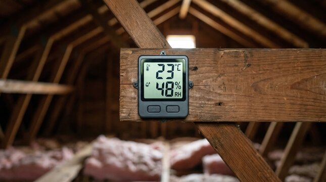 Clear medium shot of a temperature and humidity sensor in the attic capturing the devices interface sharply while wooden beams blend softly into the background.