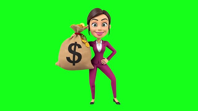 A cheerful 3D animated white woman in a magenta suit dancing while holding a large bag of cash. This asset on a chroma key background represents financial success and female entrepreneurship.