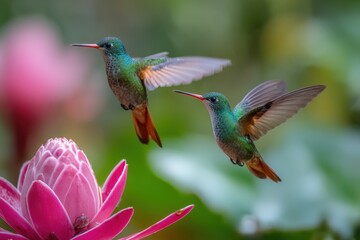 Fototapeta premium Pair of hummingbirds hovering near a pink bloom amid lush rainforest greens