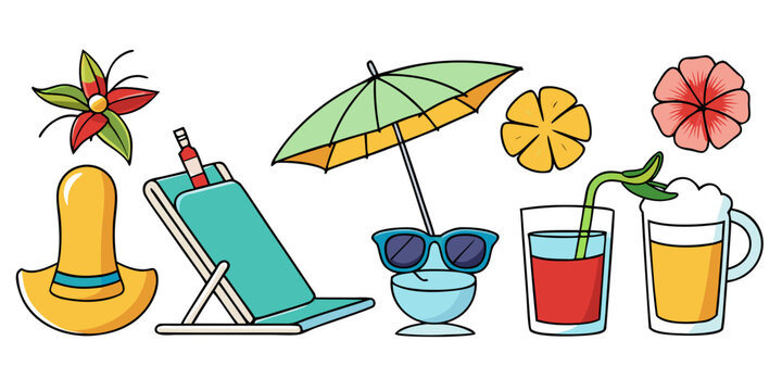 Summer beach vacation icons and drinks set, vector