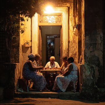 Middle-aged Cuban woman playing dominoes with neighbors on stoop during summer evening under golden streetlight