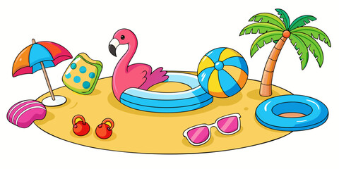 Fototapeta premium Tropical summer beach vacation accessories and toys, vector