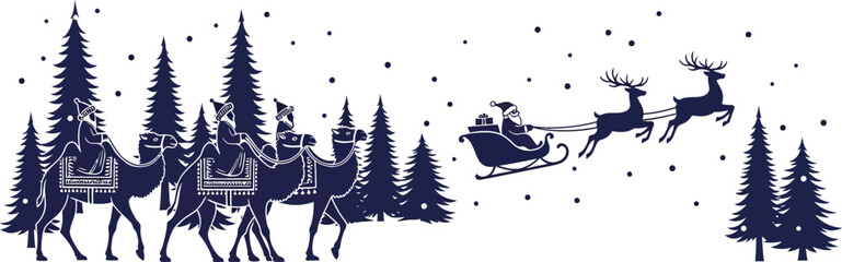 Obraz premium Santa claus rides through snowy forest with reindeer pulling sleigh at night