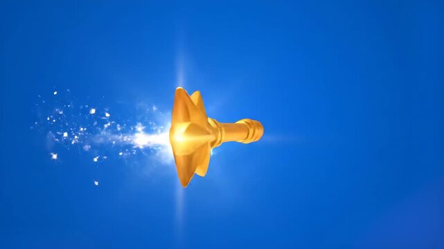A glowing 3D golden key designed with an arrowhead front rotates against a vivid blue backdrop with light flare accents. Perfect for financial growth, direction, success, and strategy concepts.