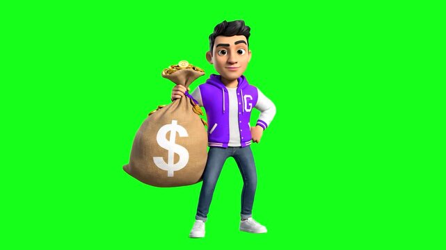 An animated character of a white young man in a purple jacket dancing with a sack of money marked with a dollar sign. A 3D rendered asset on a chroma key background for marketing and financial storyte