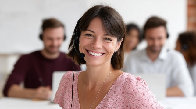 Service with a Smile: A vibrant call center representative beams with genuine warmth, radiating positivity and attentiveness while offering stellar customer service.